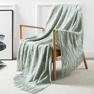 Decorative Knitted Throw Blanket with Fringe Soft & Cozy Tassel 50" x 60" Aqua