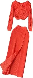 [Generic] Women's Solid Knitted Skirt Suits Women's Single Breasted Cardigan Sweater Elastic Waist Split Skirt 2Pcs Set
