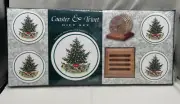 NEW Pfaltzgraff Christmas Heritage Tree 4 Coasters & Trivet wood Holder Gift Set