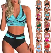 [Generic] Women's Two Piece Swimsuit V Neck Criss Cross Floral Pattern Bikini Swimwear Tummy Control Push Up Bikini Sets for Women