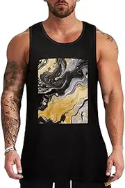 [NQHJT] Men Tank Tops Black Golden Marble Ink Sleeveless T Shirts for Men's Fitness Quick Dry Gym Tank Top for Men
