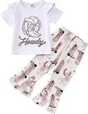 [CM C&M WODRO] Toddler Baby Girl Bell Bottom Outfits Western Cowgirl Flying Sleeve T Shirt + Boho Flared Bell Bottom Pants
