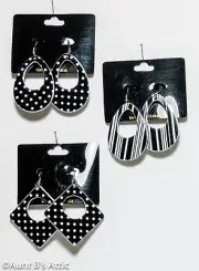 70's-80's Retro Earrings Asso Shape Blk & Wht Dot Or Stripe Plastic Costume Accs