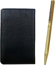 [タキザワ] Grain Cowhide Leather Black Business Card Holder Brass Hex Rotating Holi Gold Ballpoint Pen Set Gold MEIB-6KSBP-K
