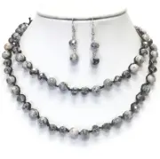 Semi Precious Stone Glass Beads Cord Link Long Necklace and Earrings set