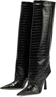 [Goolita] Women's Knee High Stiletto Heel Boots Pointed Toe Wide Calf Crocodile Texture Pull-on Booties