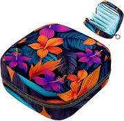 Period Bag,Sanitary Napkin Storage Bag,Blue Leaves Tropical Flowers,Tampon Bag for Purse