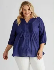 Autograph Cotton Shirt Top Blouse Plus Size 22 Button Up 3/4 Sleeve Navy RP$90