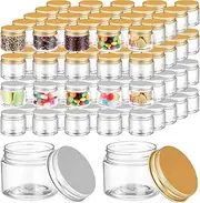 Meanplan 100 Pcs 2 oz Plastic Jars Round Clear Cosmetic Container Jar with White & Black Lids, Plastic Cosmetic Containers with Screw Lids for Travel Storage, Cream, Makeup (Gold, Silver,Aluminum)