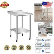 NSF Certified Stainless Steel Prep Table on Wheels - 24x24 Inch with Backsplash