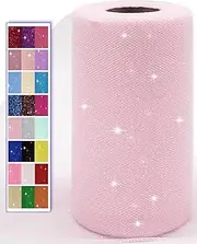 Glitter Tulle Fabric Rolls, 6 Inch 50 Yards (150ft) Sparkling Spool Ribbon Sequin Netting for Tutu Skirt Gift Wrapping Wedding Party Decoration (Light Pink)