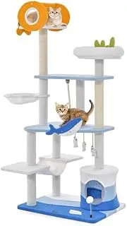 Costway Ocean-Themed Cat Tree Tower, Multi-Level Cat Activity Center w/Sisal Covered Scratching Posts, Condo, Perch, Hammock, Platforms, Dangling Toys, Spring Ball, Sisal Rope, Cute Cat Furniture