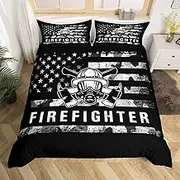 Fire Brigade Duvet Cover Set S Size, Retro American Flag Patriotic USA Flag Bed Linen Girls Boys Adults, Fire Brigade Truck Comforter Cover, Black Grey Camo Quilt Cover, 1 Pillowcase