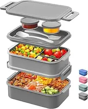 DaCool Adults Lunchbox Bento Box - 74 OZ All-in-One Stackable Lunch Box for Adults Men Women Teens Leakproof Bento Large Lunch Box Containers with Fork Spoon Sauce Box for Dining Out Work School,Grey