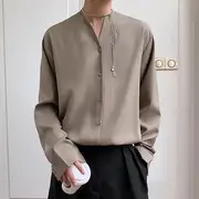 Long-Sleeve Plain Button-Up Shirt Khaki - L