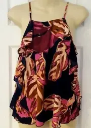 MOSSIMO SUPPLY Womens Top Size Small Ruffled Tank Crisscross Back Leaf Print