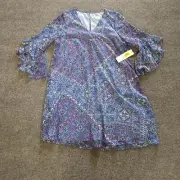 Calvin Klein Dress Womens 14 Blue Pink Patchwork Bell Sleeve Boho V Neck Party
