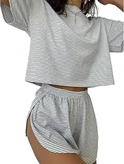 [Generic] Sereluxe Pajama Set, Split Short Pajama Set, Soft StripesSleepwear, for Sleeping, Home Wear, Casual Wear