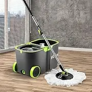 360° Spin Mop Bucket Set Rotating Mop 4 Microfiber Mop Heads Bucket with Wheels Dark Grey & Green Rotating Wet Dry Cleaning Tools