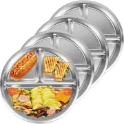 Set of 4 Stainless Steel Kids Plates, Portion Control Platter with 3-Compartment