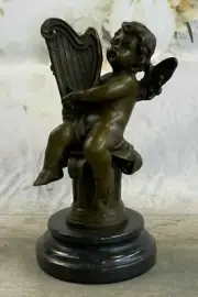 Cherub Angel Playing the Harp Bronze Sculpture Hot Cast Hand Made Statue Artwork