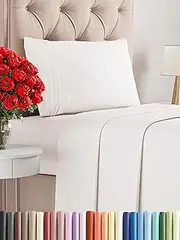 3 Piece Bed Sheet Single Size Set, Flat Sheet, Fitted Sheet and 1 Pillowcase – Wrinkle Free, Soft Microfiber Sheets with Deep Pockets for Mattresses up to 35cm, Oeko-TEX Certified - Antique White