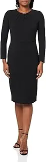 [Maggy London] Women's Dresses Long Sleeve Tucked Jewel Neck Sheath Career Office Wear Work Dress
