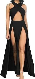 [Velius] Women Sexy Hollow Out Halter Wrap Sleeveless Plain Pleated Slit Casual Long Maxi Dress
