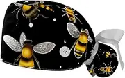 [YTYVAGT] 2-Pc,Gourd-Shaped Working Cap,Fisherman Hat with Buttons and Cotton Sweatband,Bees Black Background