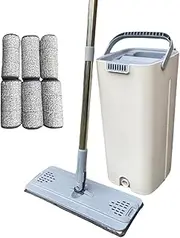 UniPro GOODS- Mop and Bucket with Wringer Set, 2 Compartment System for Efficient Cleaning – Self-Wringing Design, White Flat Squeeze Mop Bucket Set for Floor Cleaning, Mop with 6 Microfibre Pads