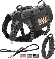 Forestpaw Tactical Dog Vest Harness and Easy Control Training Dog Collar with Bungee Dog Leash Set No Pull Military Dog Harness with Backpack for Medium Large Dogs-Black L