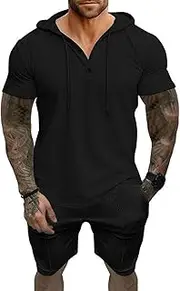 [HanzhuoLG] Men's Sportsuit Two Piece Set Summer Trendy Hooded Sweatshirt & Shorts 2Pcs Set Black M