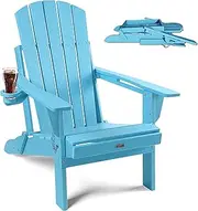 Folding Adirondack Chair, HDPE Weather-Resistant Outdoor Chairs, Wood Texture Patio Chairs Plastic Foldable Adirondack Chair with Cup Holder, for Lawn, Garden, Backyard, Fire Pit (Light Blue)
