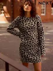Neutral Leopard Animal Print Long Sleeve Short Knitted Shift Jumper Dress (B55144) | $30