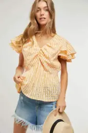 Davi & Dani Shirring V-Neck Ruffle Gingham Plaid Top