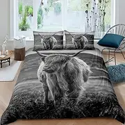 Highland Cow Bed Linen Set Forest Animal Duvet Cover 155 x 220 cm for Children Boys Adults Man Longhorn Bull Cattle Comforter Cover Rustic Farmhouse Bedspread Cover Bedroom Decor 2 Pieces