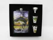 Flask and Shot Glasses Set -Funnel- Bass-Gift Pack-Fisherman-Stainless Steel-New