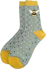 [Purple Possum] Bee Socks Ladies Bumble Bees Grey Yellow Polka Dot Spotty Bamboo Cotton 4-7 Shoe Size, Grey, 4.5-8 US