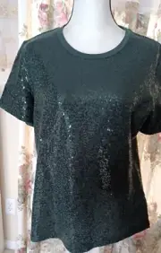 New DKNY Moss Green Glittering Stretchy Short Sleeve Tee Sz L Crew-Neck Top