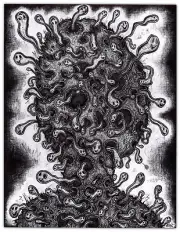 Original JUSTIN AERNI 2022 outsider DRAWING dark art macabre : "HAPPY HOLLOW"