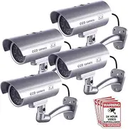 Dummy Security Camera, Fitnate 4 Packs Fake Security Camera CCTV Surveillance System with LED Red Flashing Light for Both Indoor & Outdoor Use + Security Camera Warning Stickers × 4 (Sliver)