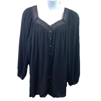Lane Bryant Womens Blouse Black Peasant Lace Trim LS Flowy Boho Size 22/24 NWT