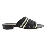 Chanel 20P Black White Pearl Strap CC Logo Slide Slip On Sandal Mule Flat 38