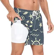 [GuoChe] Men Swim Shorts Men Lined Workout Running Shorts Nautical Pattern Navy Blue Phone Pocket Board Shorts Lightweight