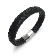 Mens Black Braided Genuine Leather Bracelet Stainless Steel Locking Clasp