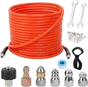 70FT Pressure Washer Sewer Jetter Kit, 5800 PSI Water Jet Drain Cleaner Hose with Corner Rotating Button Nose Nozzle, 1/4 Inch NPT, Sewer Jetter Nozzles Kit with Spanner Handle Strap