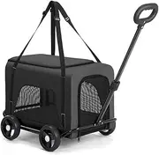 Detachable pet Stroller,Portable pet pram Cabin Bag,Cabin with Front/Back/top mesh Door,4 Wheels pet cart for Dogs and Cats,Push Trolley with Retractable and rotatable pushrod