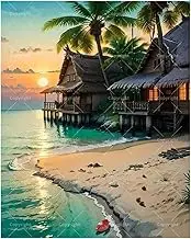 TAOPAOLAB Tropical Beach Paint by Numbers Kit for Adults - DIY Seaside Huts and Sunset Painting on Canvas 16x20 Inches, Acrylic Paint Set, Suitable for Beginners, Art for Home Decoration or Gifts