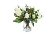 Glamorous Fusion Protea & Rose Mixed Artificial Fake Plant Decorative Arrangement 40cm In Glass Multicolour