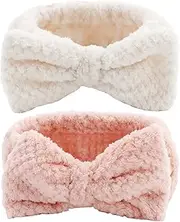 YISSION 2PCS Spa Headband with Bow No Slip Head Band for Face Wash Makeup Skincare Facial Headband Elastic Hair Band Microfiber Headbands for Women Girls (White Pink)